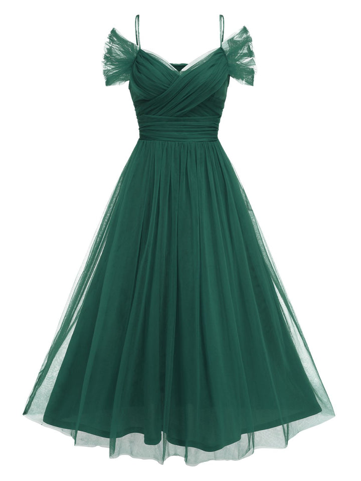 1950s Spaghetti Strap Off-Shoulder Mesh Dress — a 1950s silhouette that turns sidewalks into runways