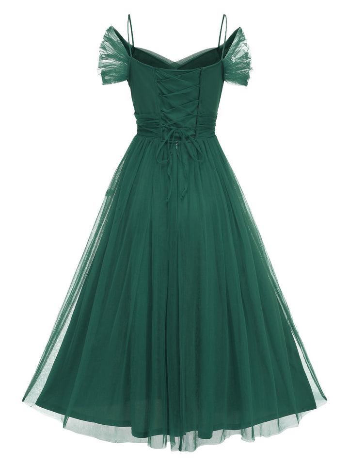 1950s Spaghetti Strap Off-Shoulder Mesh Dress: where 1950s romance meets her modern spirit