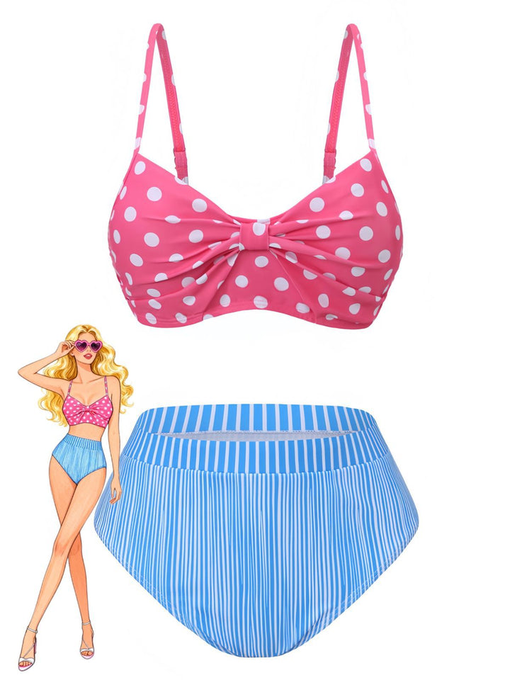1950s Spaghetti Strap Polka Dot Striped Bow Bikini Set - vintage fashion, retro style