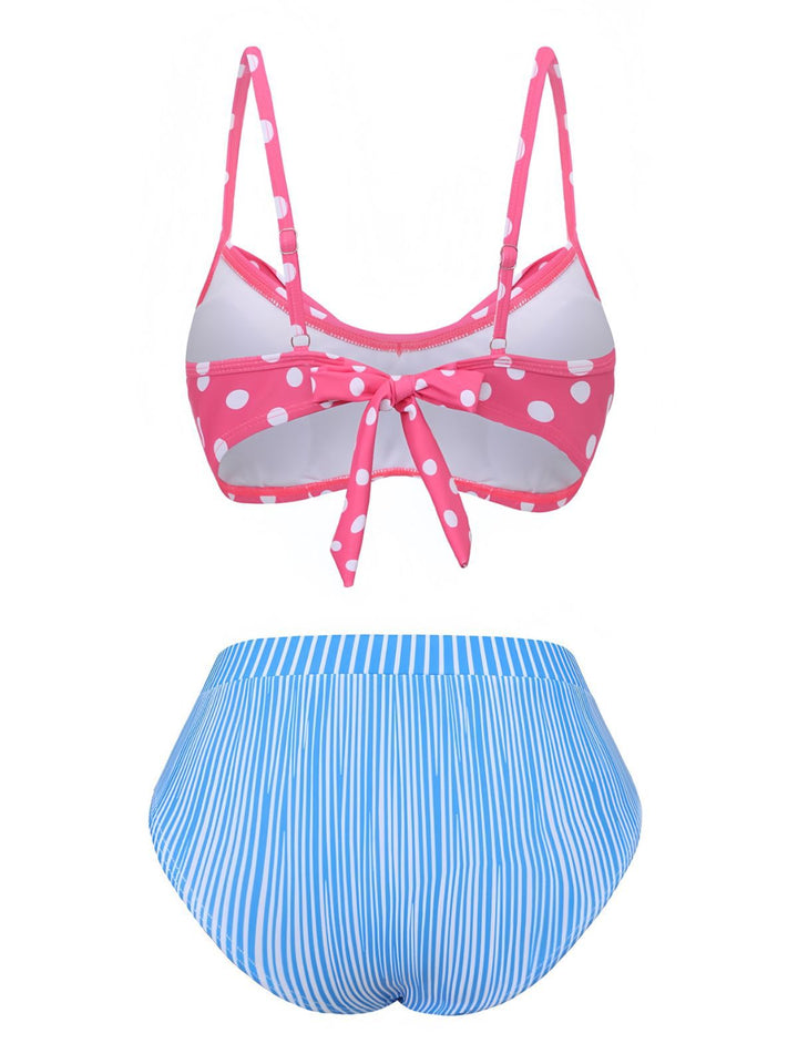 1950s Spaghetti Strap Polka Dot Striped Bow Bikini Set - vintage fashion, retro style