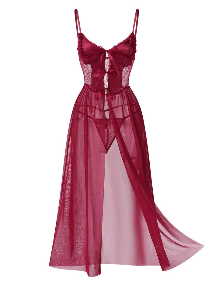 She slips into this Spaghetti Strap Sheer Lace Satin Bow Nightgown and suddenly it&