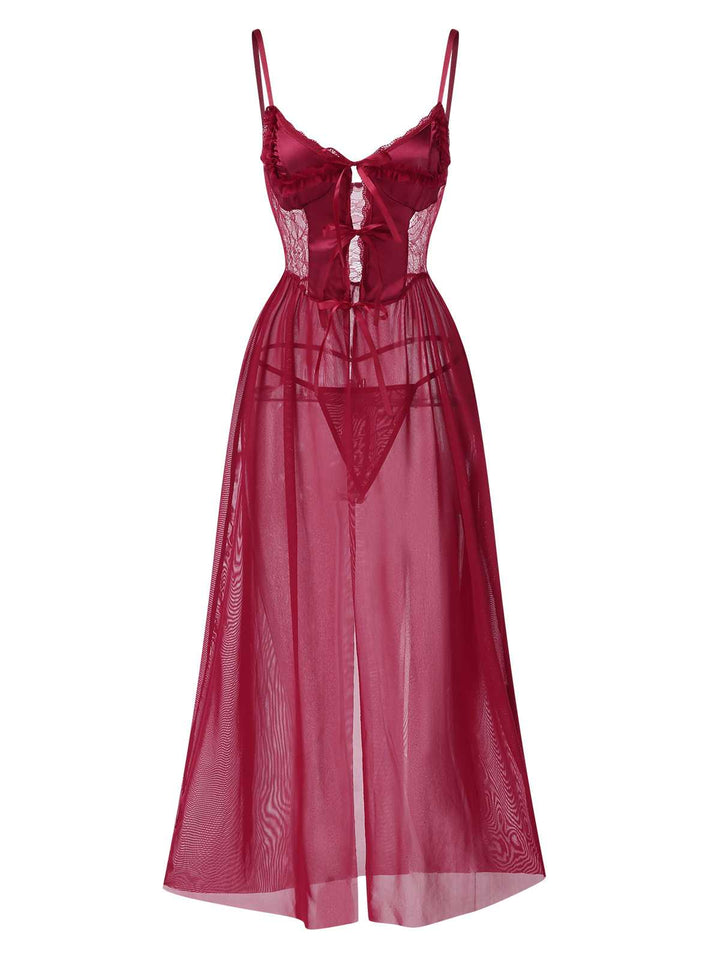 Spaghetti Strap Sheer Lace Satin Bow Nightgown: where romance meets her modern spirit