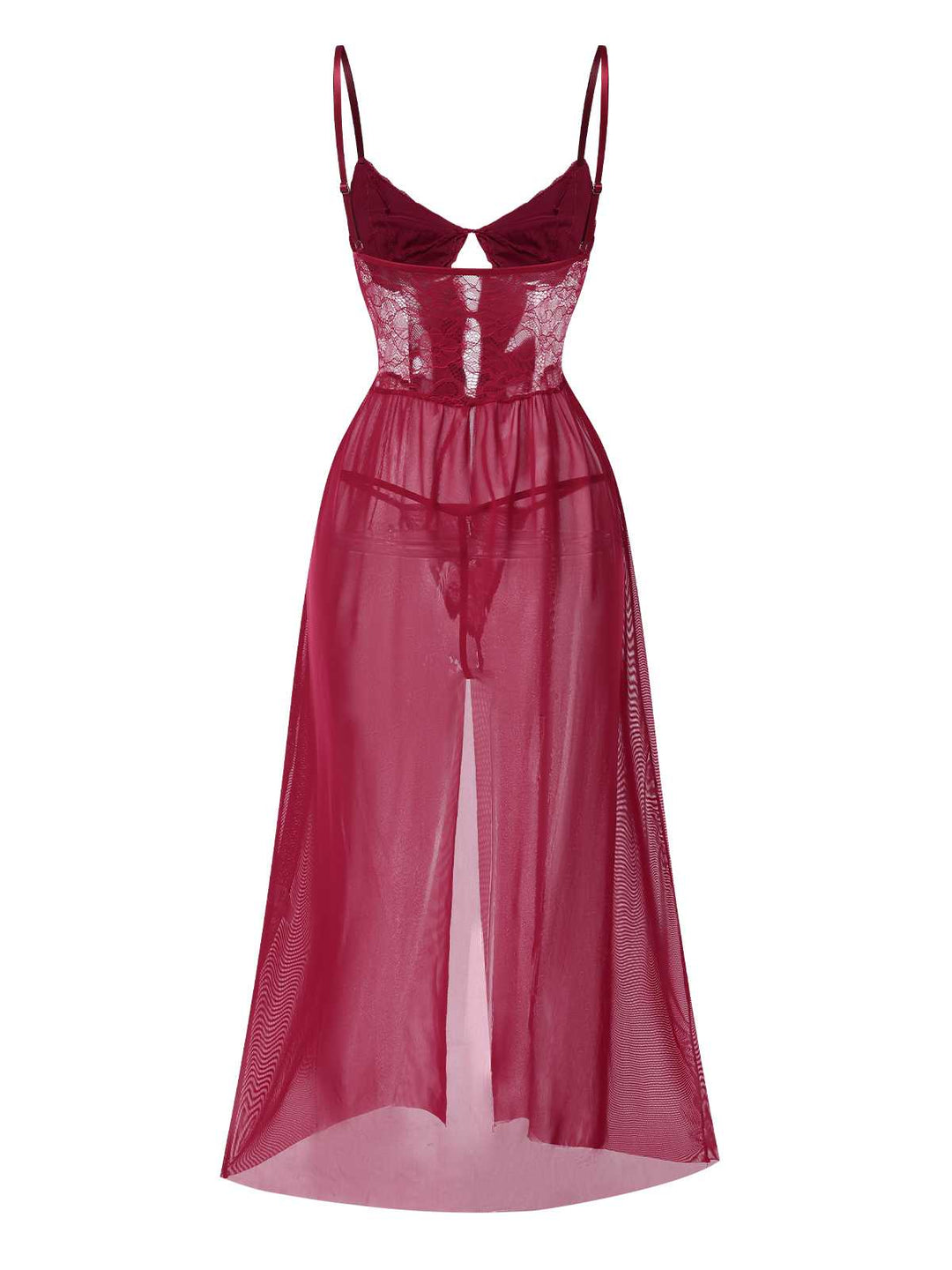 This Spaghetti Strap Sheer Lace Satin Bow Nightgown wraps her in elegance, one twirl at a time