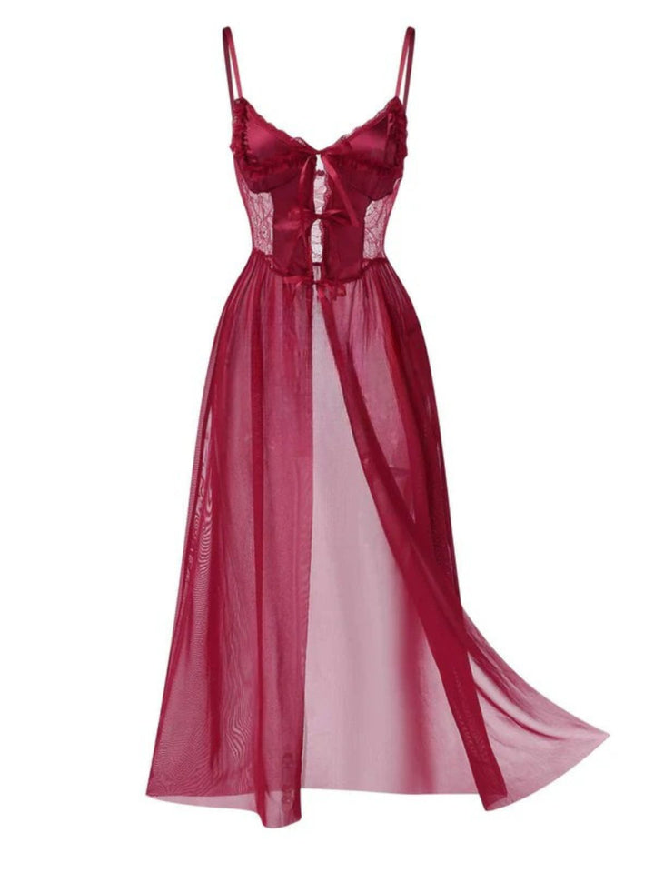 Spaghetti Strap Sheer Lace Satin Bow Nightgown — the kind of dress that makes strangers smile