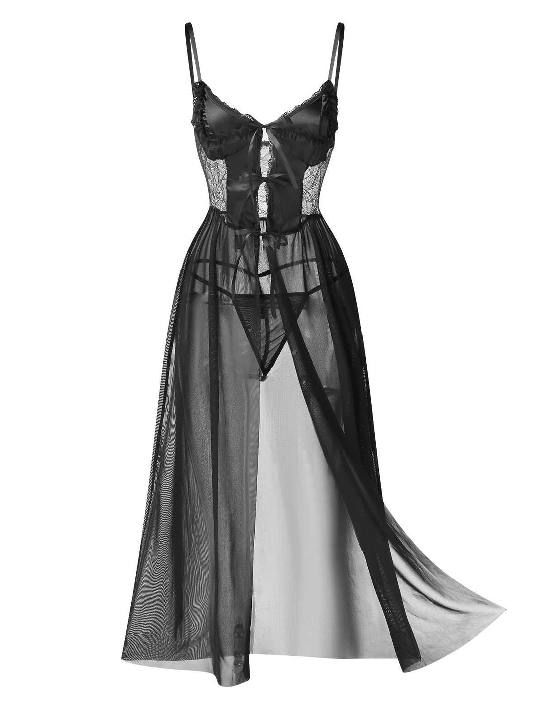 She slips into this Spaghetti Strap Sheer Lace Satin Bow Nightgown and suddenly it&