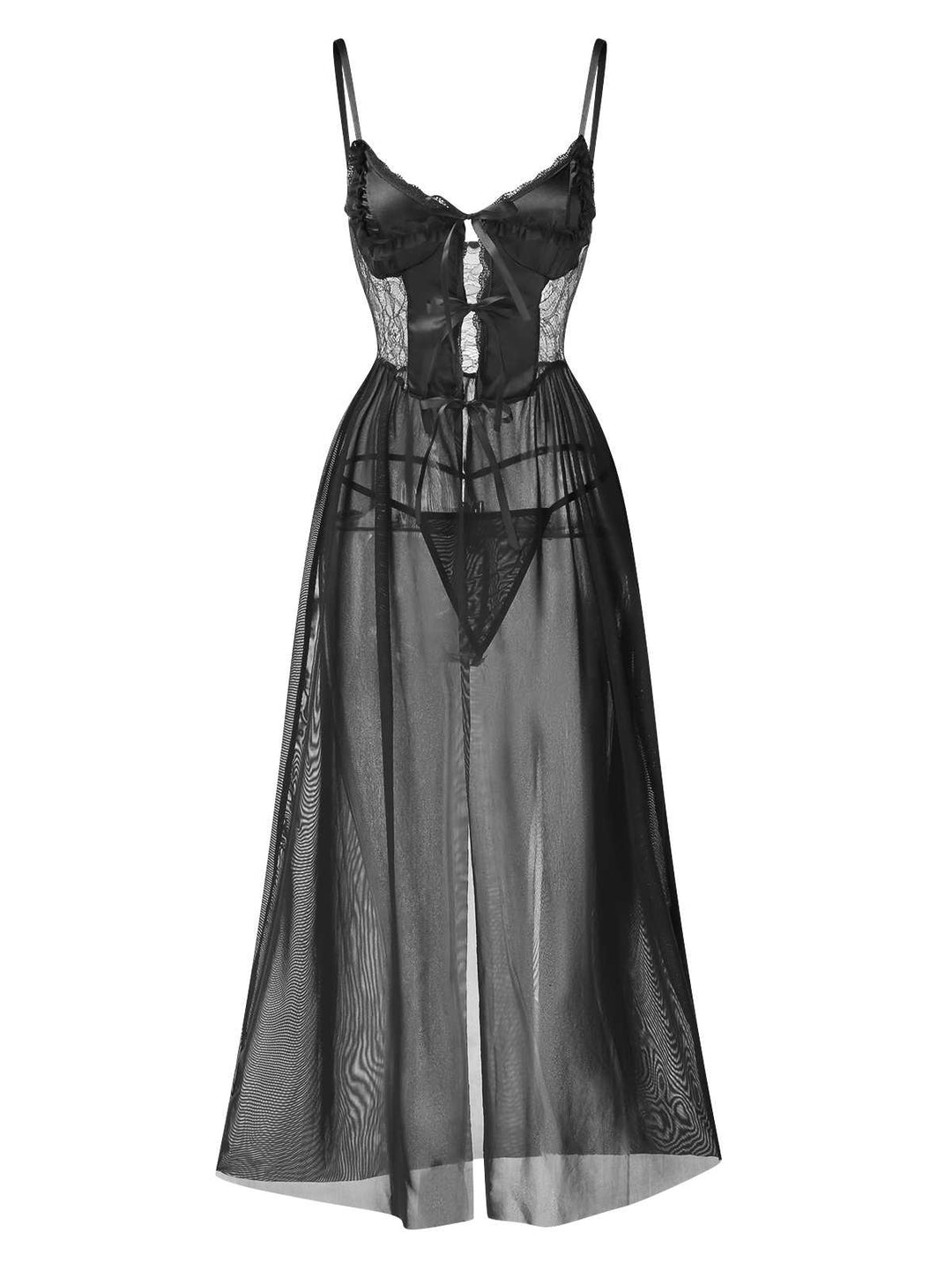 Spaghetti Strap Sheer Lace Satin Bow Nightgown: where romance meets her modern spirit