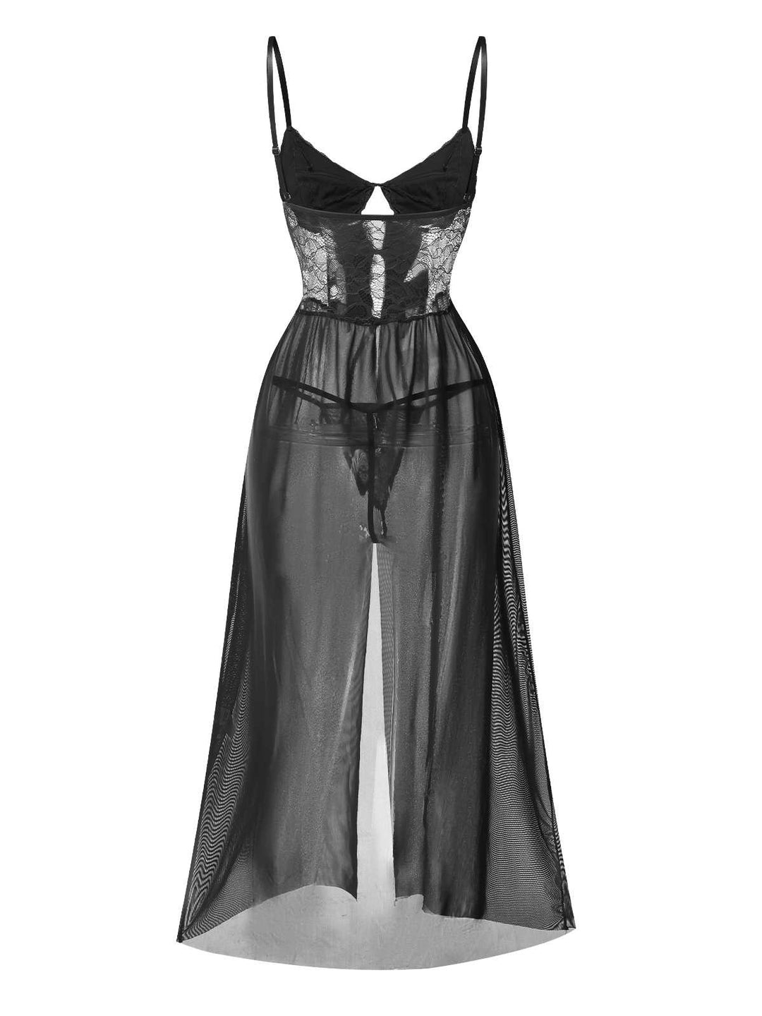 This Spaghetti Strap Sheer Lace Satin Bow Nightgown wraps her in elegance, one twirl at a time