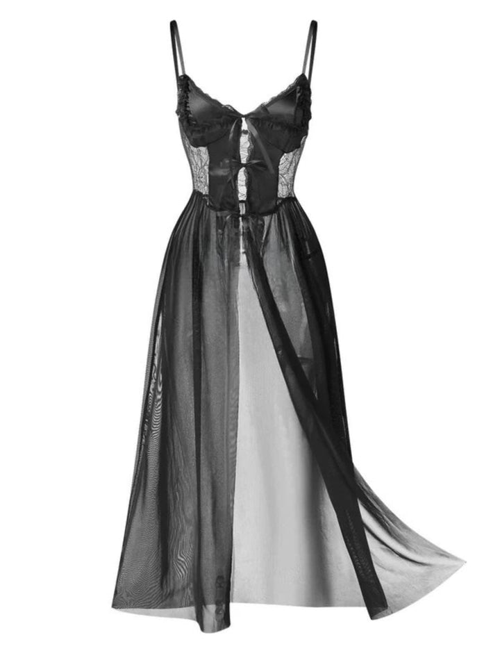 Spaghetti Strap Sheer Lace Satin Bow Nightgown — the kind of dress that makes strangers smile