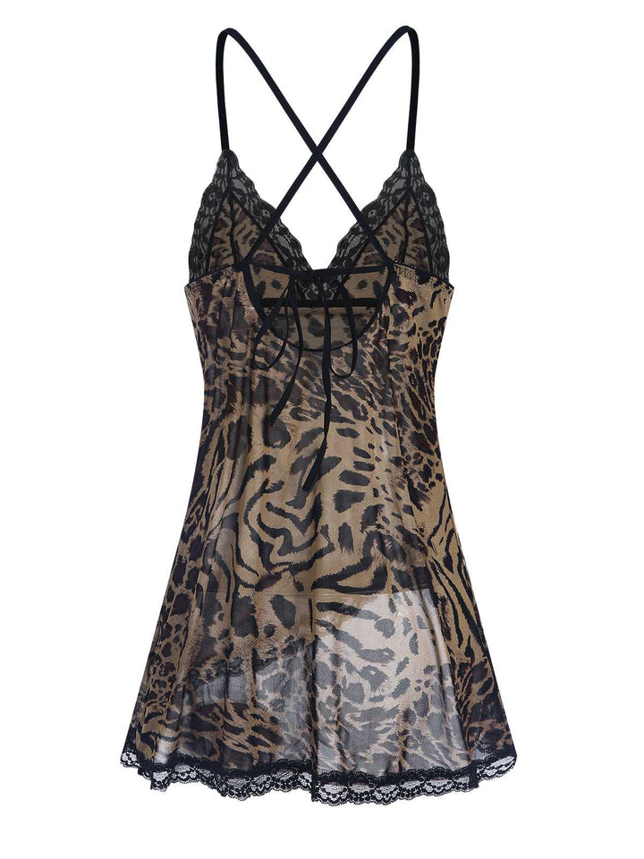 This Spaghetti Strap Slit Leopard Lace Nightgown wraps her in elegance, one twirl at a time