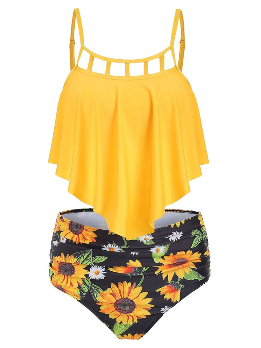 1950s Spaghetti Strap Sunflowers Tankini Set: timeless style reimagined