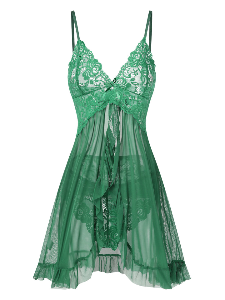 She slips into this Spaghetti Straps Lace Sheer Nightdress and suddenly it&