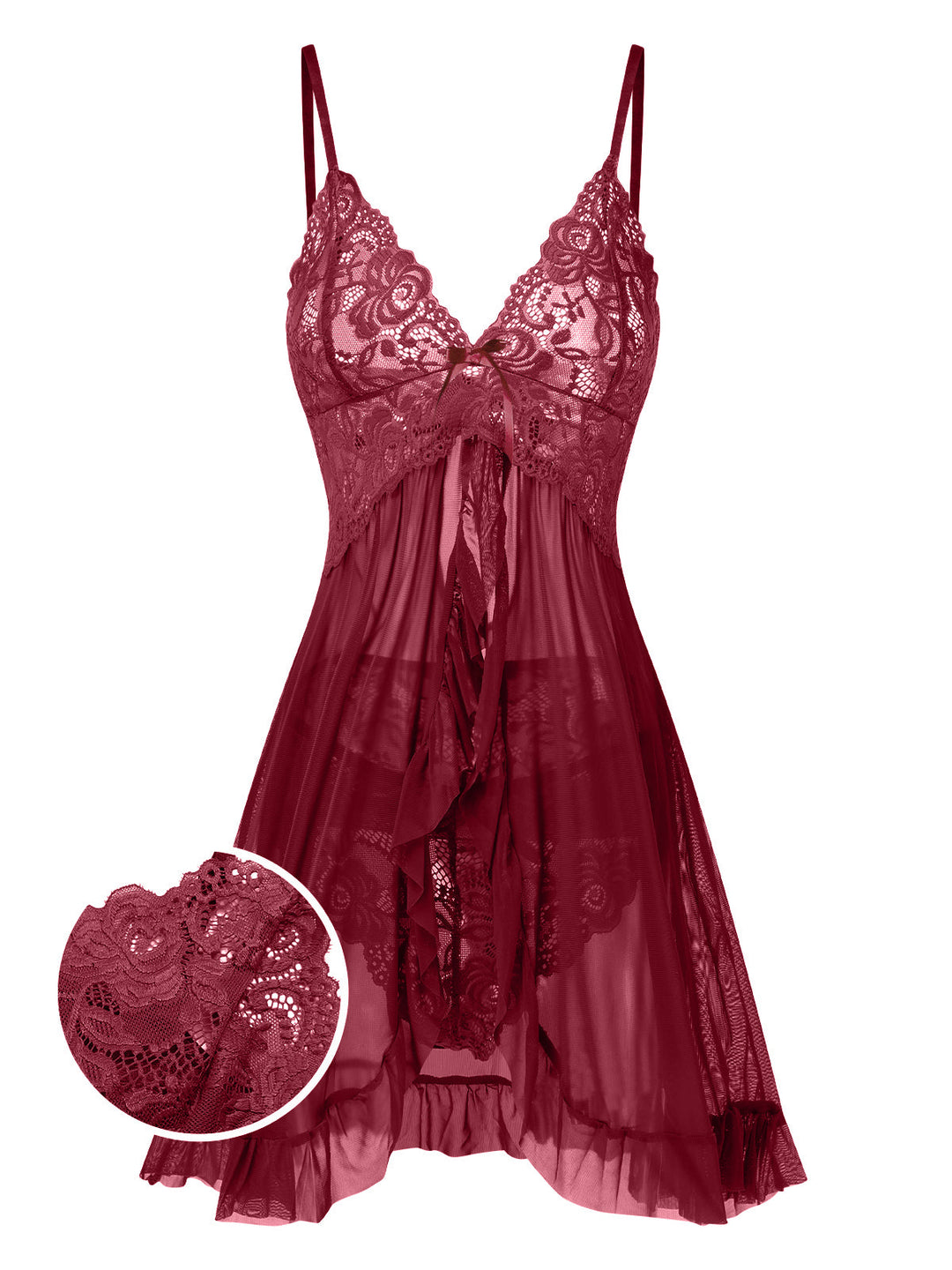 She slips into this Spaghetti Straps Lace Sheer Nightdress and suddenly it&