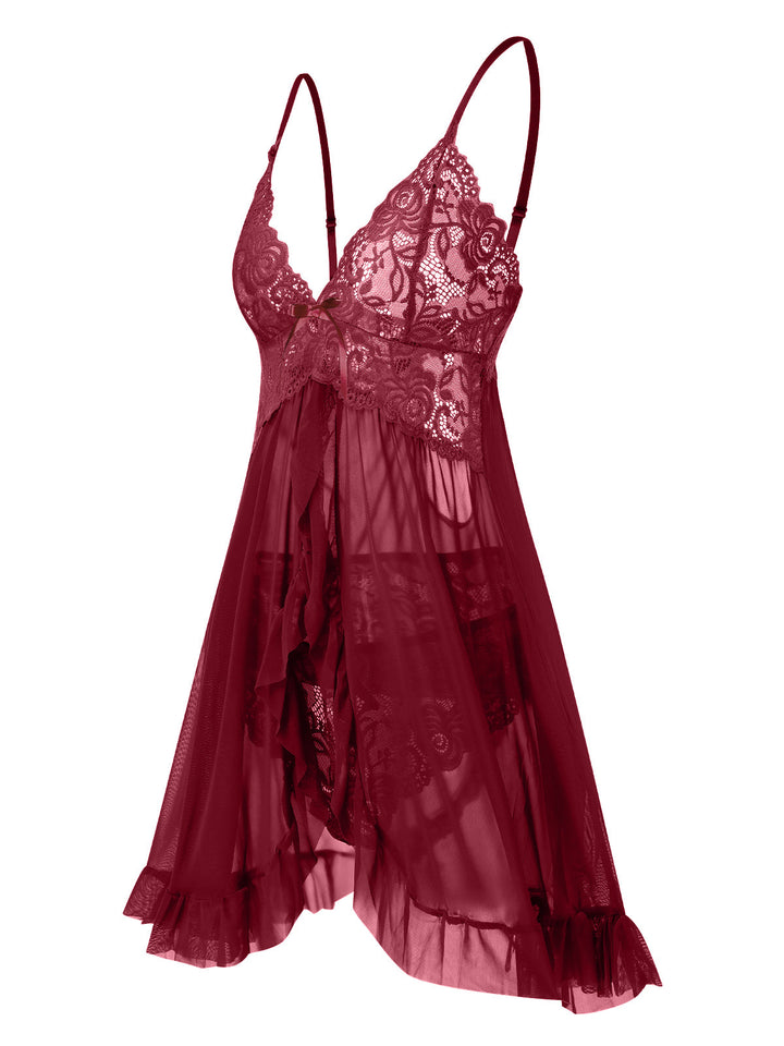 This Spaghetti Straps Lace Sheer Nightdress wraps her in elegance, one twirl at a time
