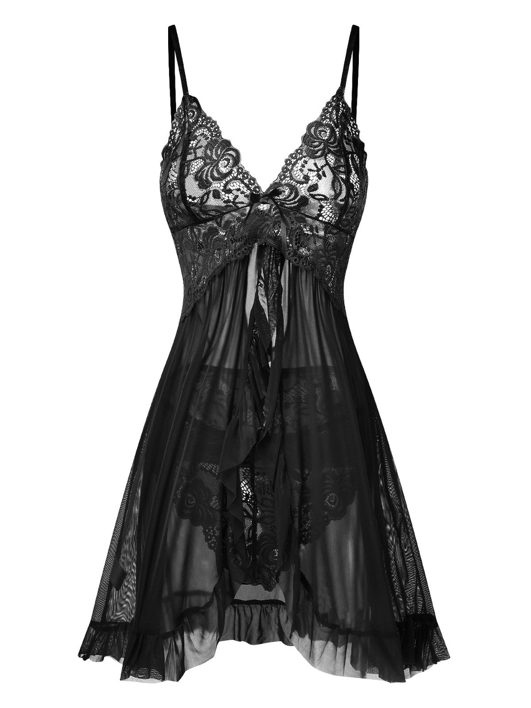 She slips into this Spaghetti Straps Lace Sheer Nightdress and suddenly it&