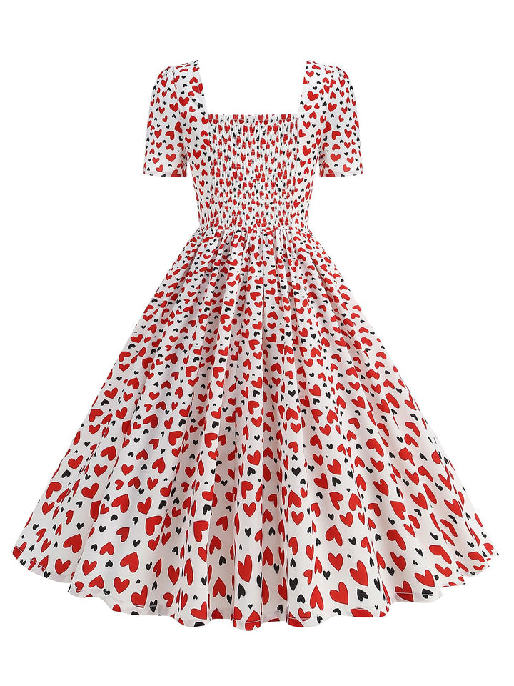 She slips into this 1950s Square Neck Heart Dots Dress and suddenly it&