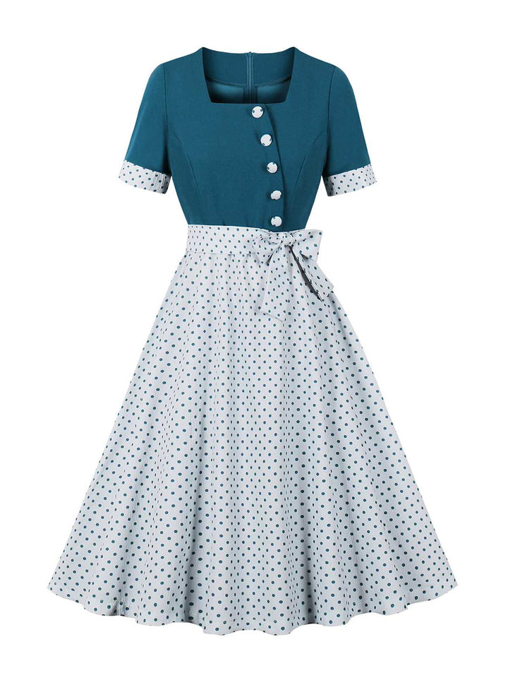 She slips into this 1950s Square Neck Polka Dots Bow Dress and suddenly it&