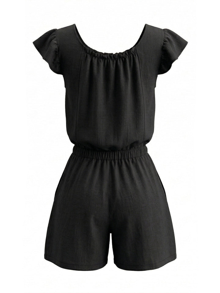1950s Square Neck Ruffle Sleeve Drawstring Romper - vintage romper, retro jumpsuit for vintage lovers