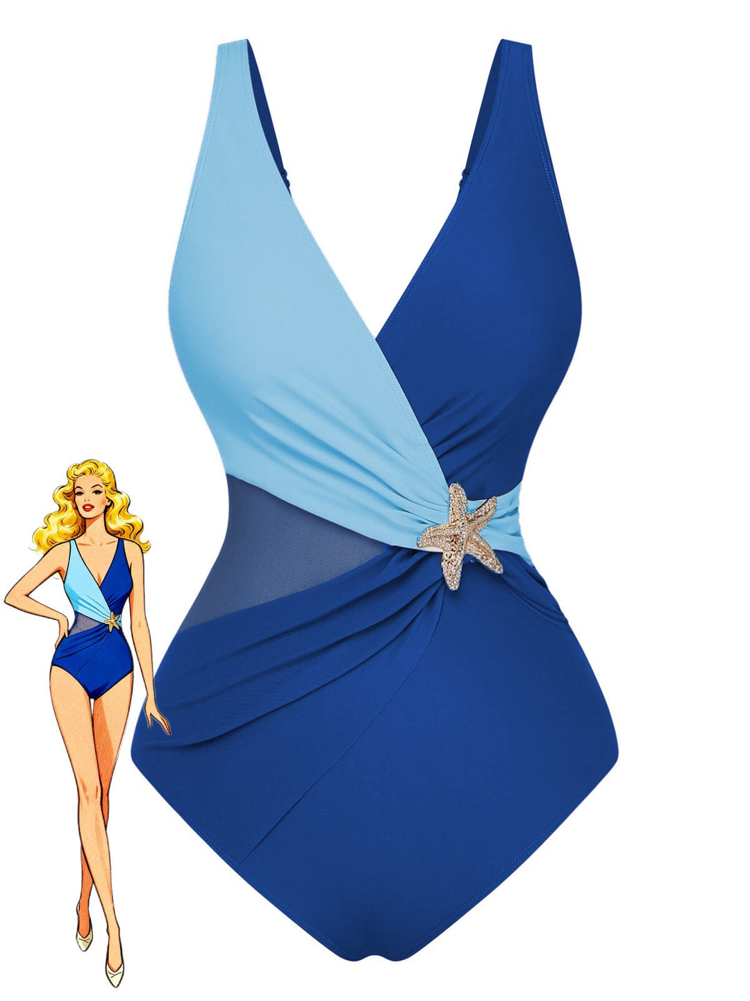 1950s Starfish V-Neck Tummy Control One-Piece Swimsuit - vintage swimwear, retro swimsuit, pin-up style for vintage lovers