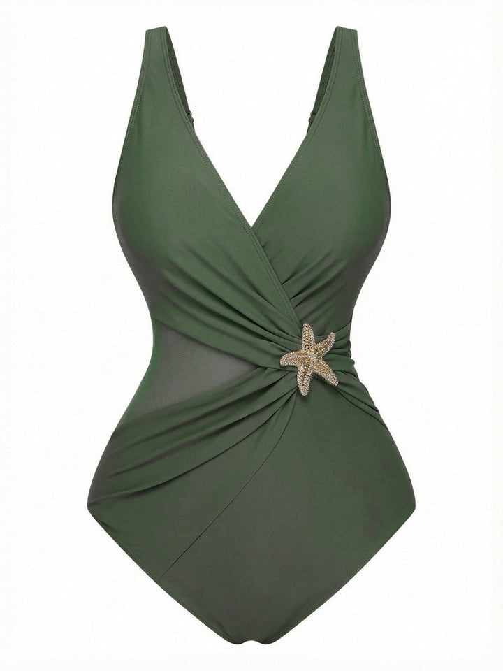 1950s Starfish V-Neck Tummy Control One-Piece Swimsuit: beautiful vintage swimwear, retro swimsuit, pin-up style with timeless appeal