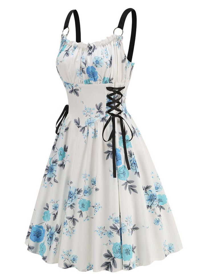 1950s Strap Floral Butterflies Lace-Up Corset Dress - vintage dress, retro fashion, rockabilly