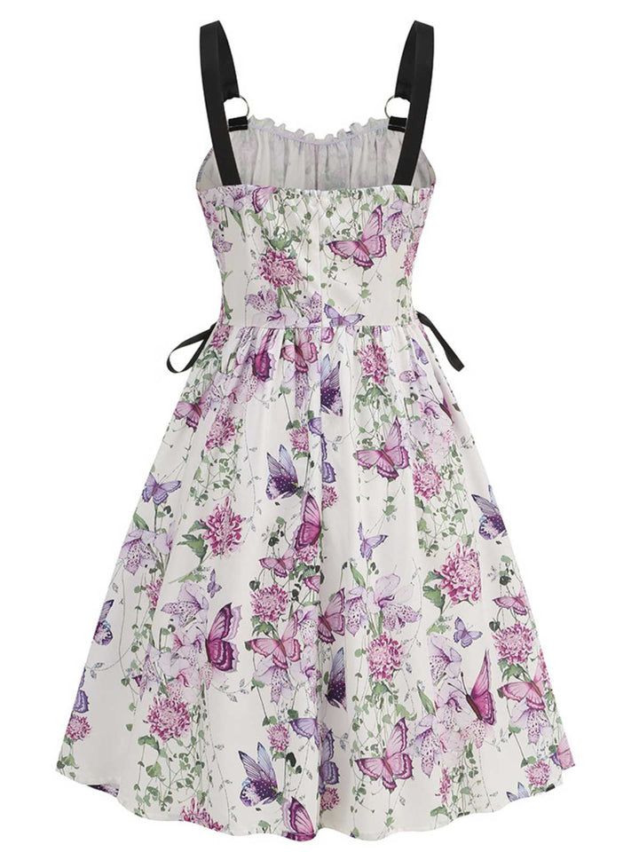 1950s Strap Floral Butterflies Lace-Up Corset Dress - vintage dress, retro fashion, rockabilly