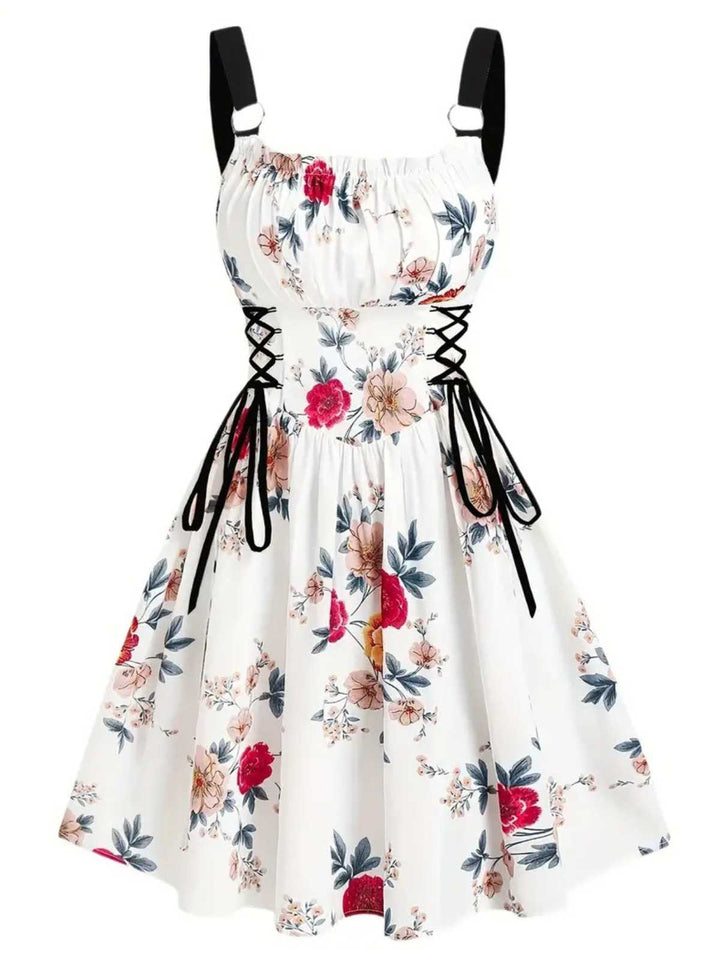 1950s Strap Floral Butterflies Lace-Up Corset Dress - vintage dress, retro fashion, rockabilly