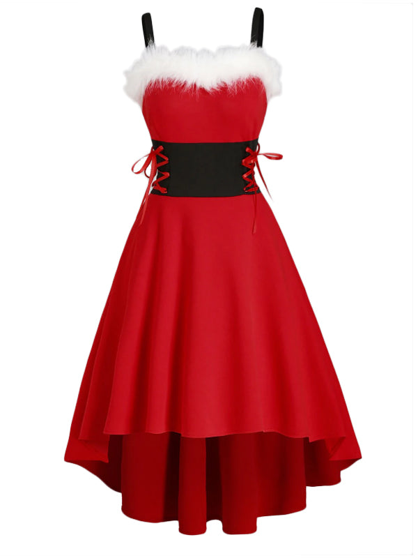 1950s Strap Furry Lace Up Dress, classic 1950s style elegant retro fashion - Image 1
