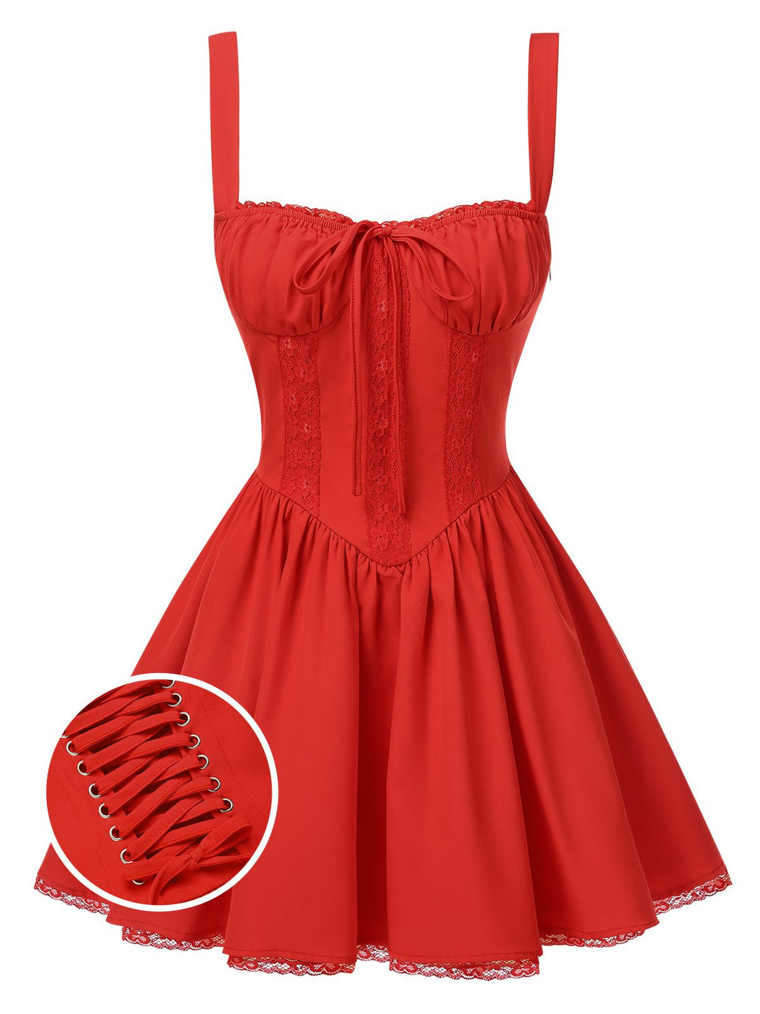 She slips into this 1950s Strap Lace-Up Corset Mini Dress and suddenly it&