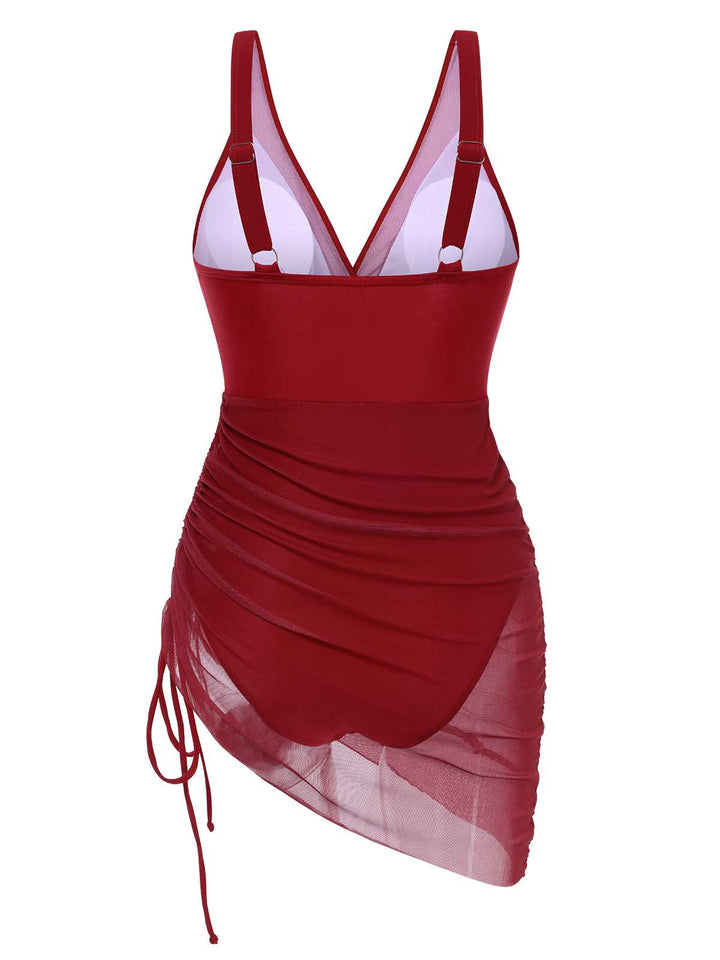 This 1950s Strap Sheer Mesh Solid One-Piece Swimsuit carries 1950s vacation dreams in every stitch