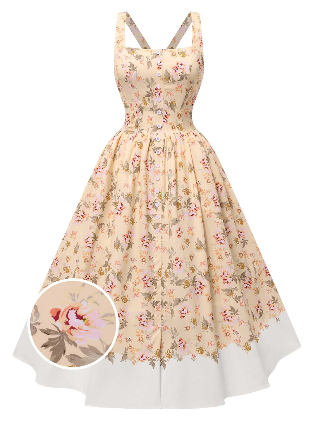 She slips into this 1950s Strap Square Neck Corset Floral Dress and suddenly it&