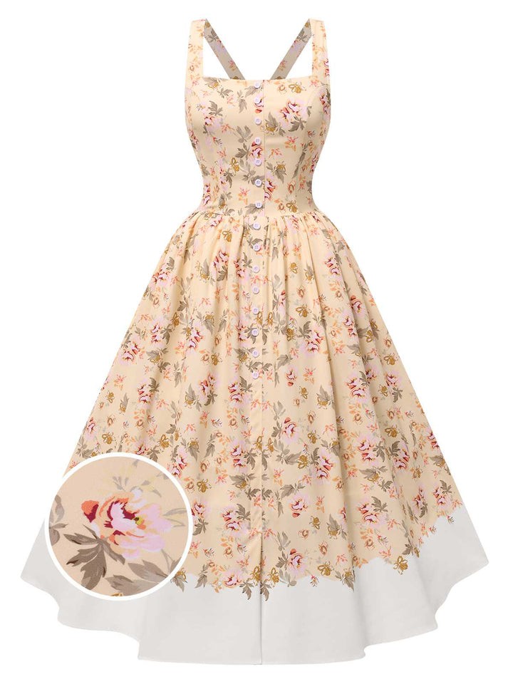 She slips into this 1950s Strap Square Neck Corset Floral Dress and suddenly it&