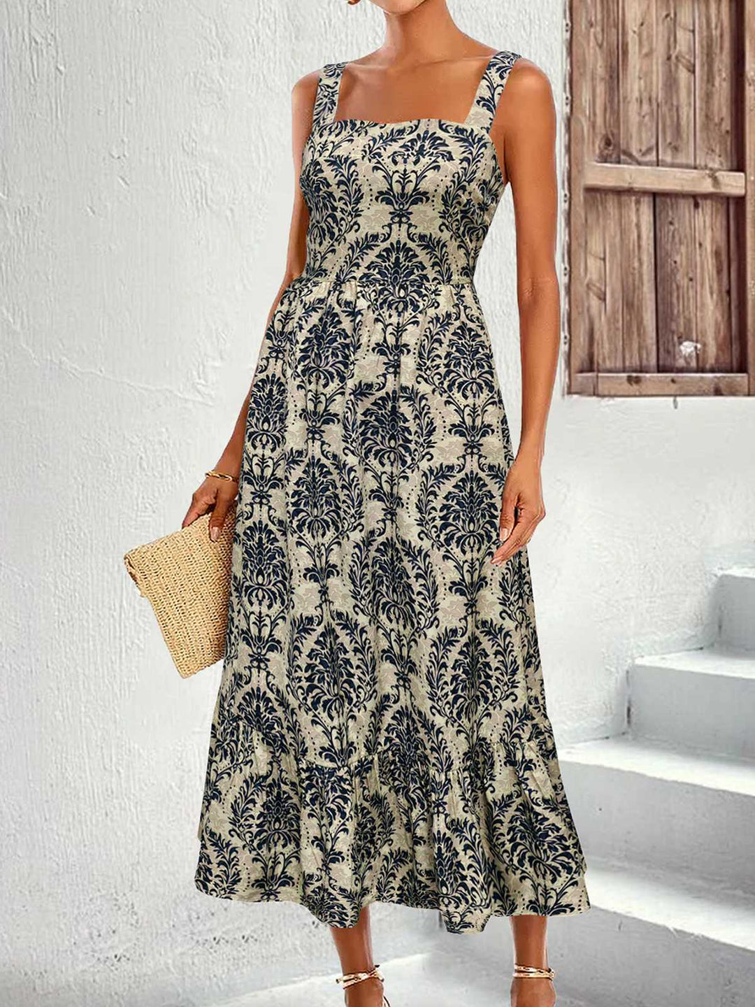 She slips into this 1950s Strap Square-Neck Tie-Back Floral Dress and suddenly it&