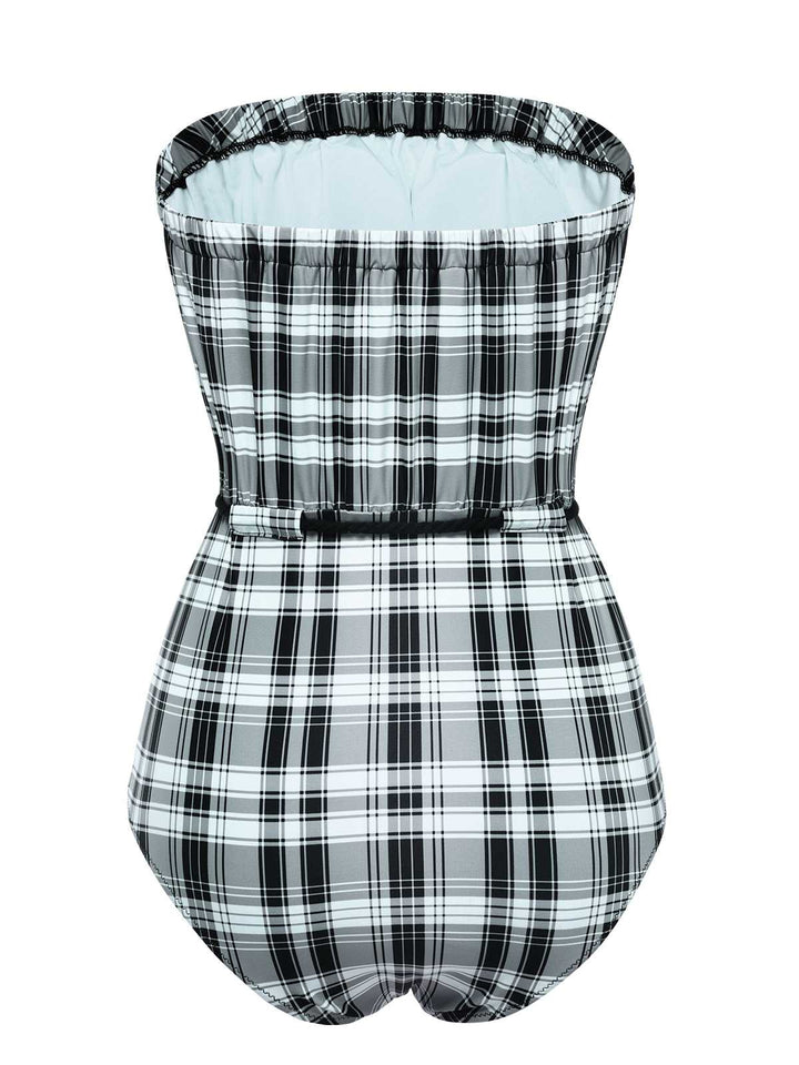 This 1950s Strapless Plaids One-Piece Swimsuit carries 1950s vacation dreams in every stitch