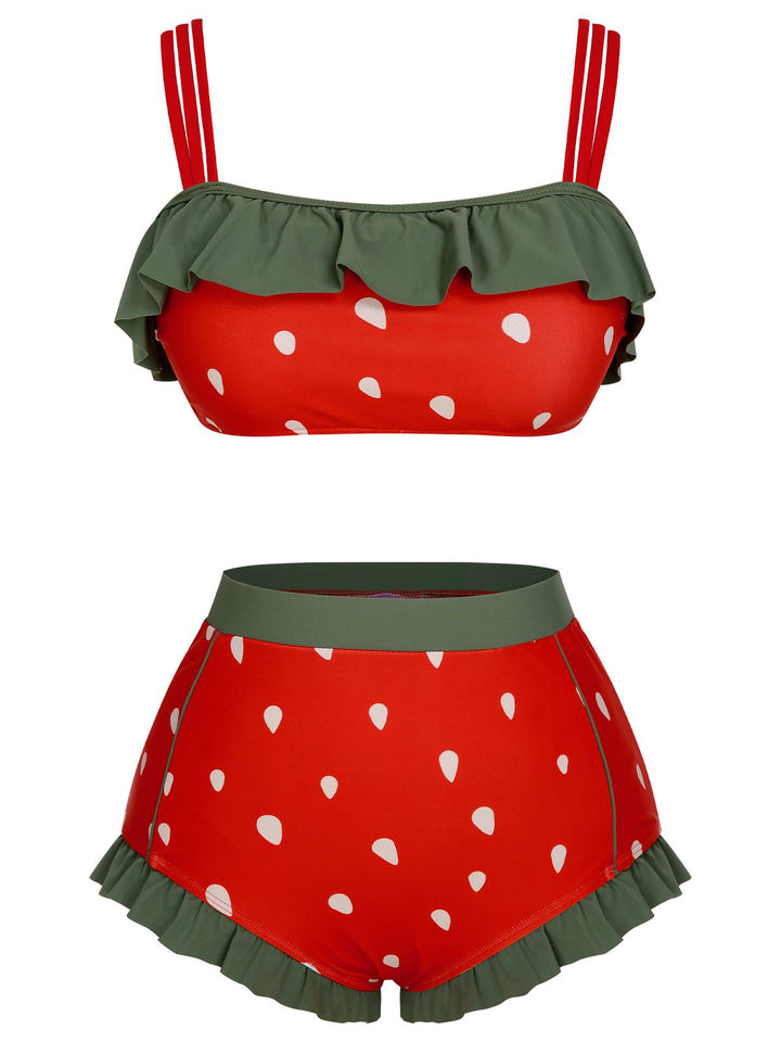 Strawberry Ruffle Strap Swimsuit - vintage swimwear, retro beach style for women