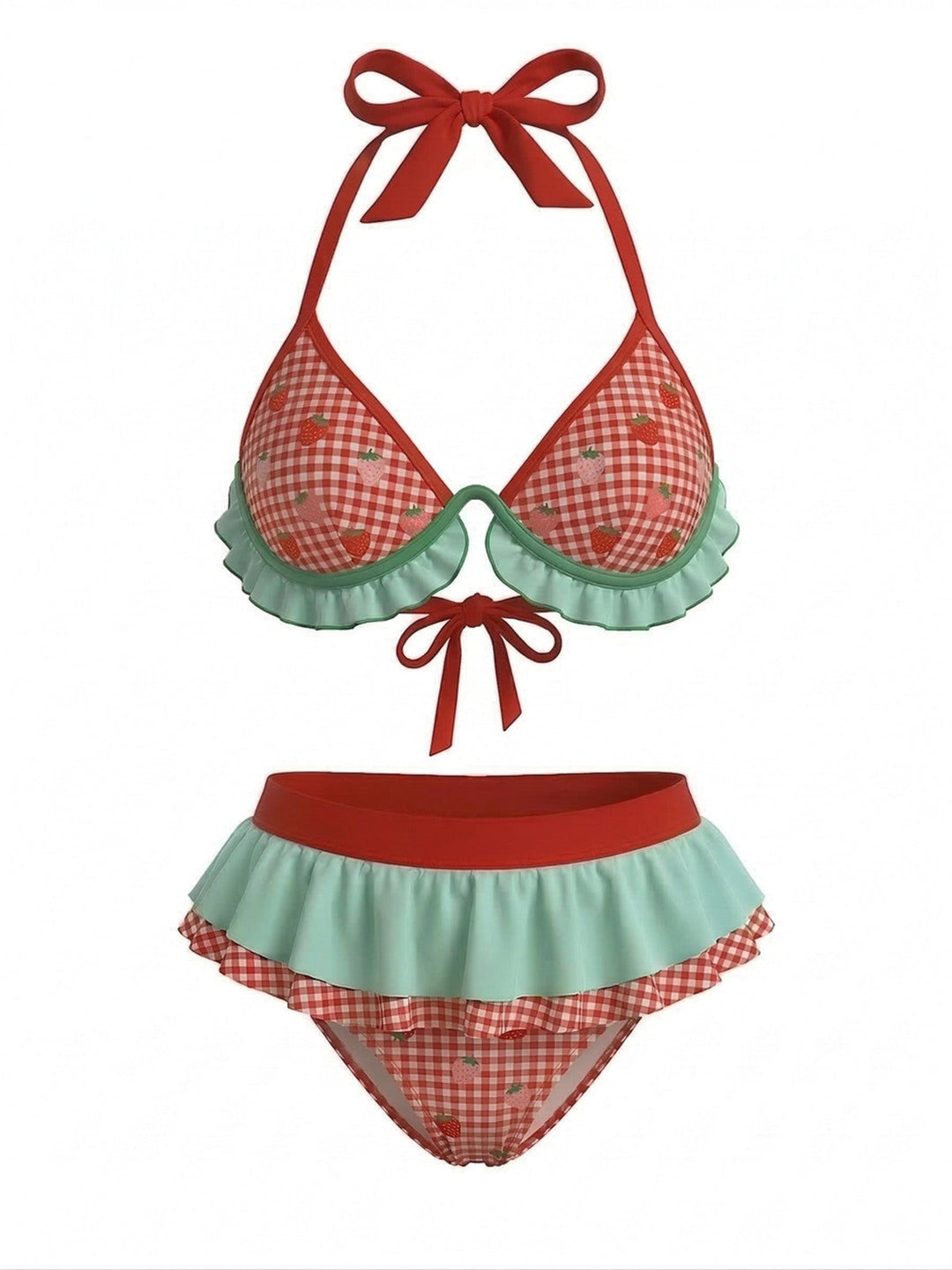&amp; Strawberry Ruffled Halter Bikini Set - vintage fashion, retro style
