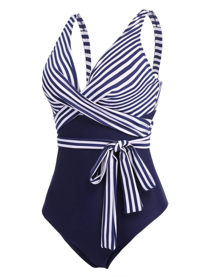 1950s Stripe Lace Up Patchwork One-Piece Swimsuit — vintage elegance for the modern woman