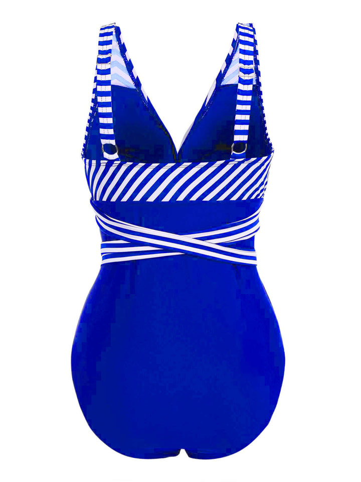 1950s Stripe Lace Up Patchwork One-Piece Swimsuit: timeless style reimagined