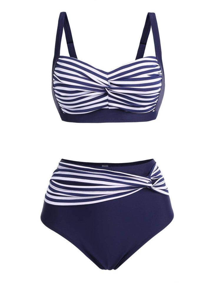 [Plus Size] 1950s Stripe Twisted Patchwork Strap Swimsuit, vintage swimsuit, pin-up swimwear - perfect for women who love vintage and retro fashion