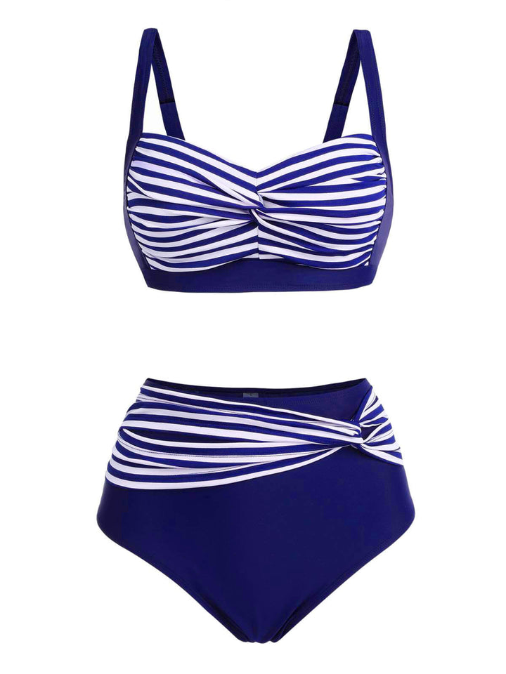 [Plus Size] 1950s Stripe Twisted Patchwork Strap Swimsuit, vintage swimsuit, pin-up swimwear - perfect for women who love vintage and retro fashion
