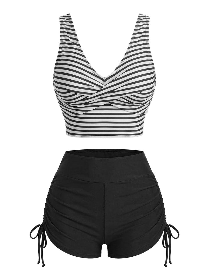 Striped Cross Drawstring Tankini Set - vintage fashion, retro style