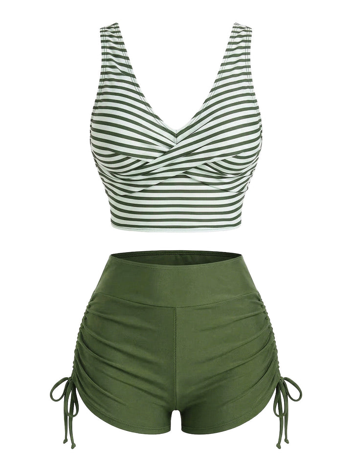 1950s Striped Cross Drawstring Tankini Set - vintage fashion, retro style