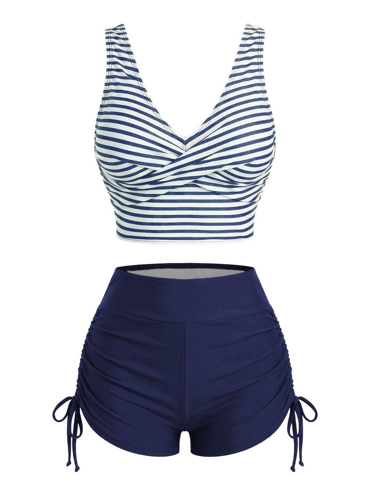 Striped Cross Drawstring Tankini Set, vintage fashion, retro style - perfect for women who love vintage and retro fashion