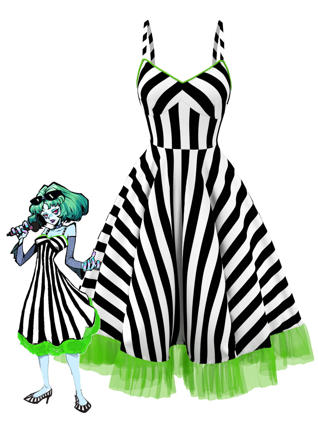 She slips into this &amp; 1950s Striped Fluorescent Lace Dress and suddenly it&
