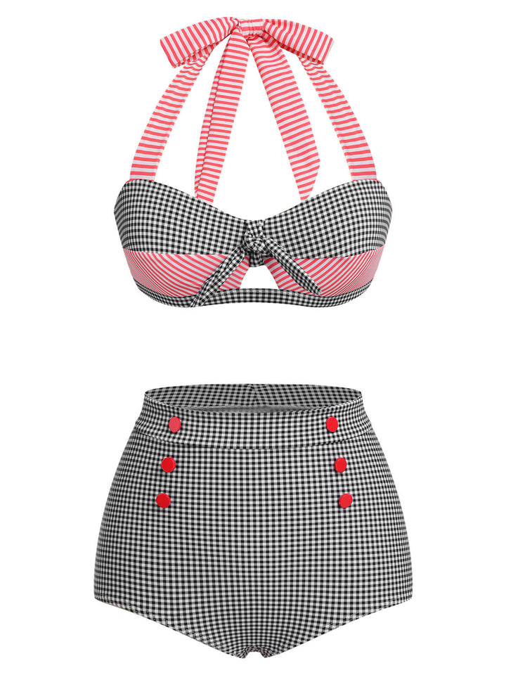1950s Striped Patchwork Halter Swimsuit, vintage swimsuit, pin-up swimwear - perfect for women who love vintage and retro fashion