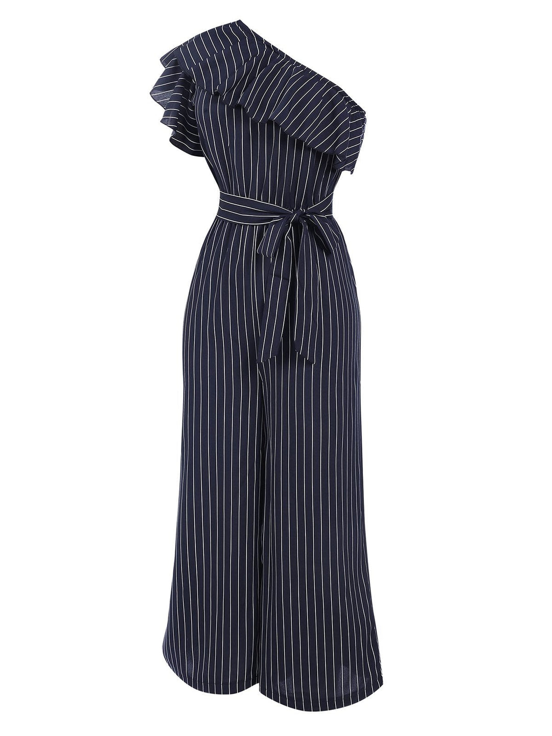1950s Striped Slanted Shoulder Ruffle Jumpsuit, vintage romper, retro jumpsuit - perfect for women who love vintage and retro fashion