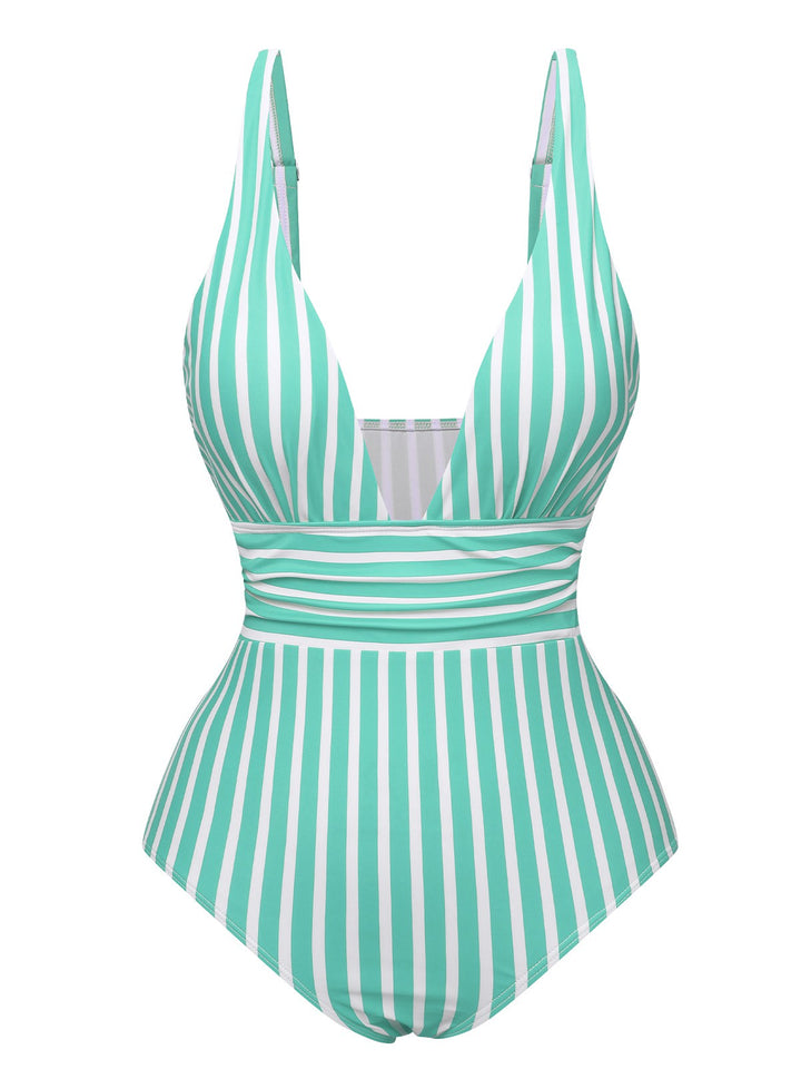 1950s Stripes Spaghetti Strap One-Piece Swimsuit, vintage swimsuit, pin-up swimwear - perfect for women who love vintage and retro fashion
