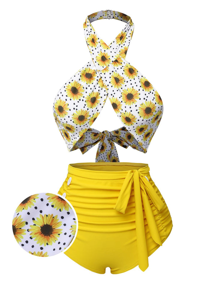 Yellow 1950s Sunflower Cross Halter Swimsuit, vintage swimsuit, pin-up swimwear - perfect for women who love vintage and retro fashion