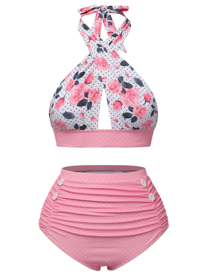 1950s Sunflower Cross Halter Swimsuit — 1950s poolside glamour meets sun-drenched confidence
