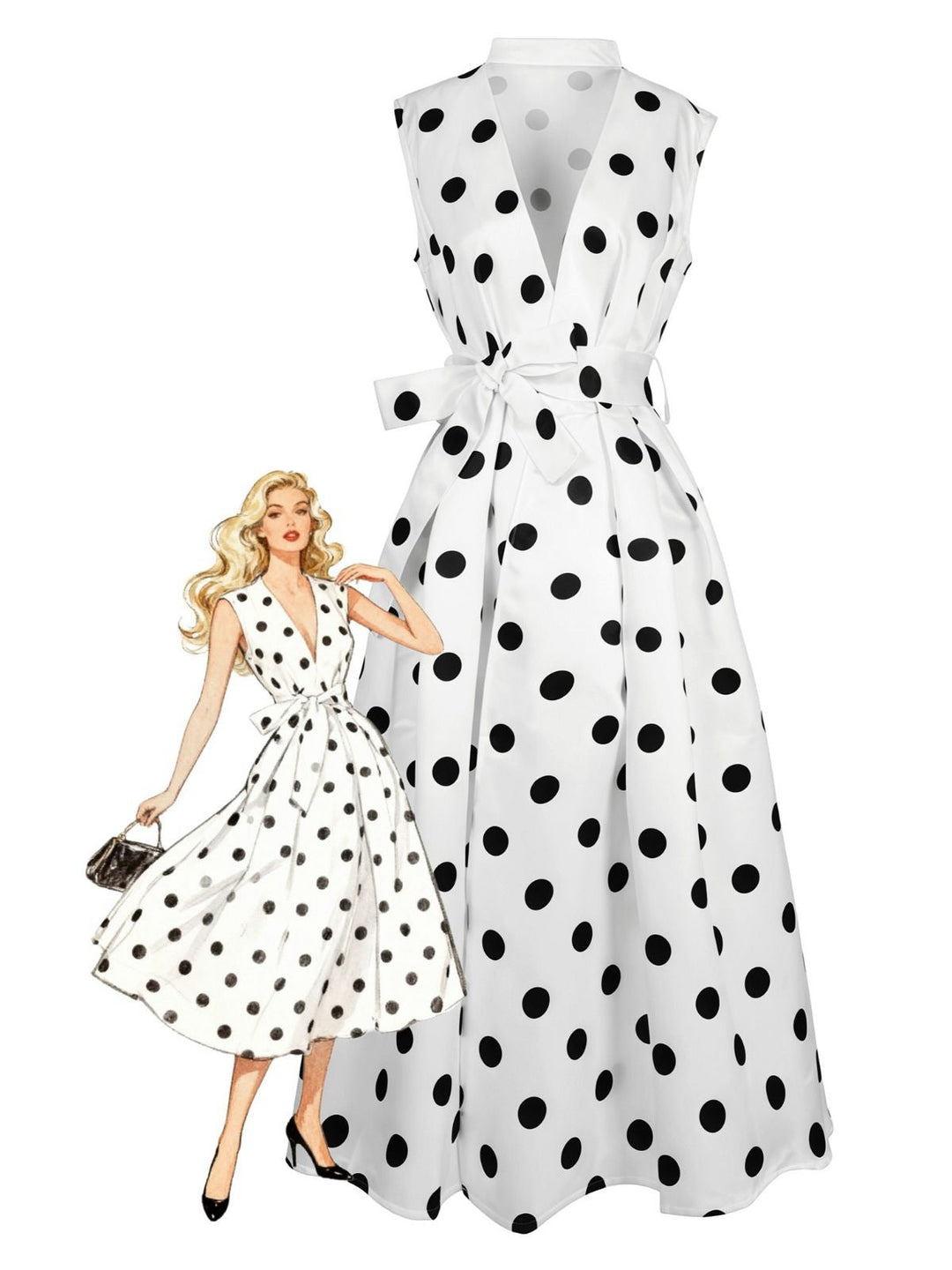 1950s Surplice V-Neck Polka Dot Belted Dress - vintage dress, retro fashion, rockabilly