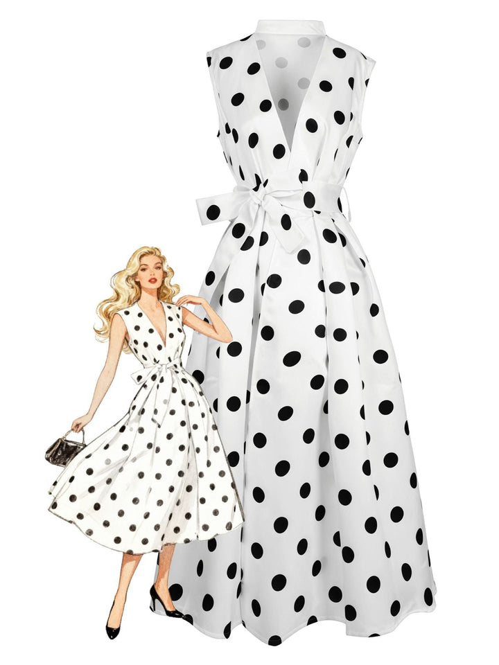 1950s Surplice V-Neck Polka Dot Belted Dress - vintage dress, retro fashion, rockabilly
